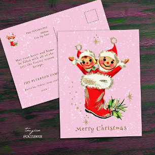 Cute Vintage Retro Christmas Elves Pink Postcard