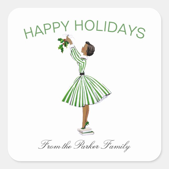 Cute Vintage Retro Christmas Girl in Dress Square Sticker (Front)