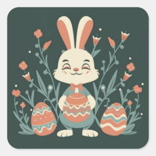 Cute Vintage Retro Easter Bunny Square Stickers