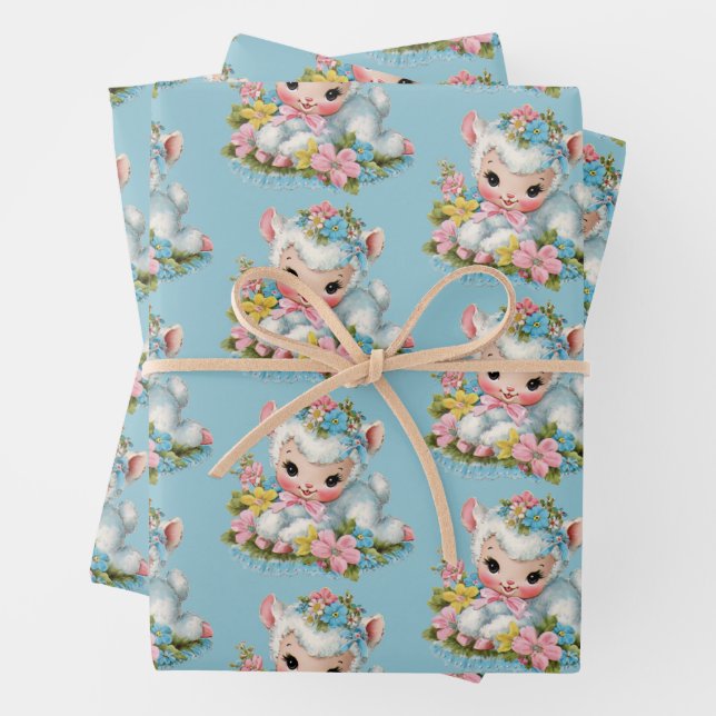 Cute Vintage Retro Easter Lamb Gift Wrap (In situ)