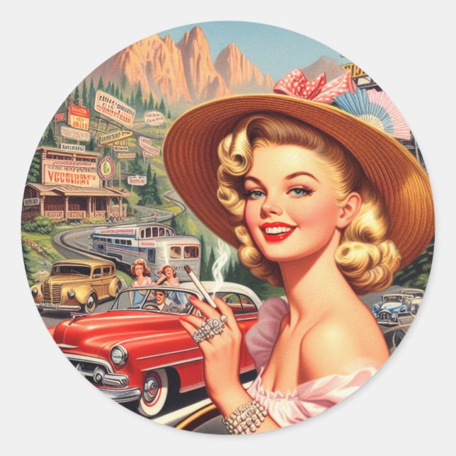 Cute Vintage Retro Girl Painting Classic Round Sticker (Front)
