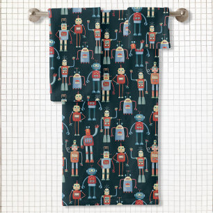 Cute Vintage Retro Robots Dark Bath Towel Set