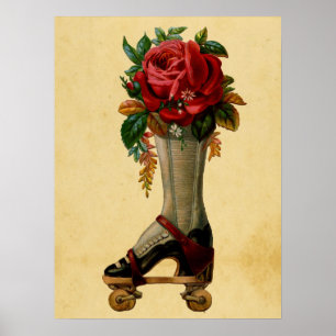 Cute Vintage Retro Roller Skate Floral Poster