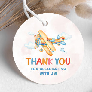 Cute Vintage Retro Yellow Aeroplane 1st Birthday Favour Tags
