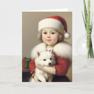 Cute Vintage Santa Girl With American Eskimo Thank You Card
