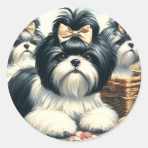 Cute Vintage Shih-Tzu Painting Classic Round Sticker