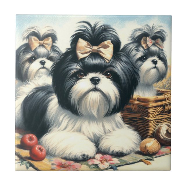 Cute Vintage Shih-Tzu Painting Tile (Front)