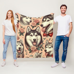 Cute Vintage Siberian Husky Illustration Fleece Blanket
