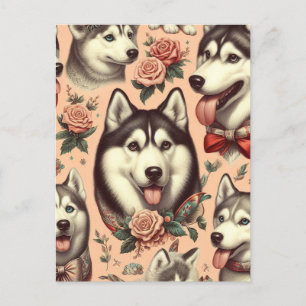 Cute Vintage Siberian Husky Illustration Postcard
