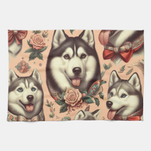 Cute Vintage Siberian Husky Illustration Tea Towel