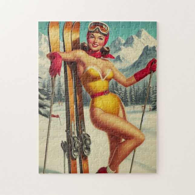 Cute Vintage Ski Pin Up Jigsaw Puzzle (Vertical)