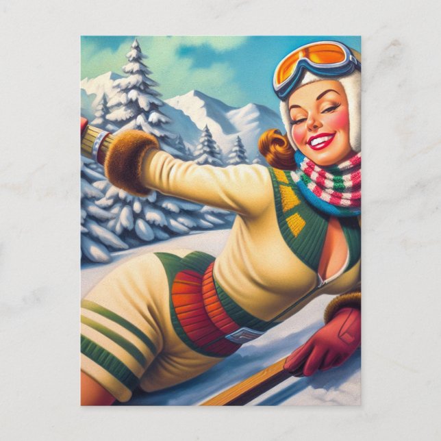 Cute Vintage Ski Pin-Up Postcard (Front)