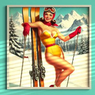 Cute Vintage Ski Pin Up Poster