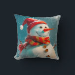Cute Vintage Snowman Christmas Cushion<br><div class="desc">A vintage watercolor Christmas throw pillow is so cute and seasonal when it features our whimsical retro snowman. He's got a Santa hat,  a fine retro scarf,  and a funny carrot nose. He is definitely happy,  with his buttons and sticks for arms.</div>