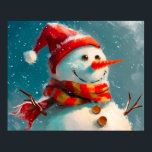 Cute Vintage Snowman Christmas  Poster<br><div class="desc">Our happy Christmas snowman appears to be pretty joyful on this vintage watercolor art poster. This cutie has a big smile,  bright red Santa hat,  fluffy winter scarf,  and that fun carrot nose. This makes a nice display piece throughout the winter holiday season,  and a fun whimsical gift.</div>