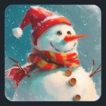 Cute Vintage Snowman Christmas Square Sticker<br><div class="desc">Our whimsical merry snowman is so cute for a vintage watercolor Christmas sticker. He's got a Santa hat,  a great retro scarf,  and of course a carrot nose. Yes,  he is happy,  with his buttons and stick arms.</div>