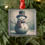 Cute Vintage Snowman for Snowy Christmas Metal Tree Decoration<br><div class="desc">Here's a sweet ornament with a vintage snowman wearing a top hat and scarf.  Its a cute ornament for your Christmas tree or holiday decorations.  Give as a fun Christmas gift,  especially for someone who likes retro or nostalgic styles and snowmen!</div>