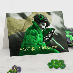 Cute Vintage St Patrick's Day Green Girl in Car Card