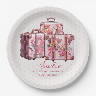 Cute Vintage Suitcases Pink College Trunk Party Paper Plate