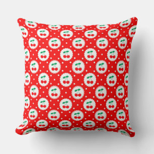 Cute Vintage Summer Cherries on Bright Red Cushion