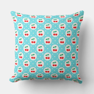 Cute Vintage Summer Cherries on Light Blue Cushion
