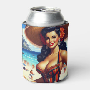 Cute Vintage Summer Girl Can Cooler