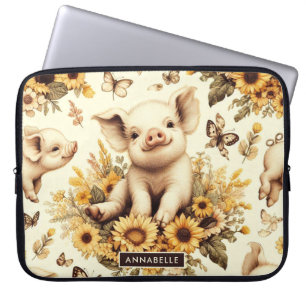 Cute Vintage Sunflower Pig Pattern Laptop Sleeve