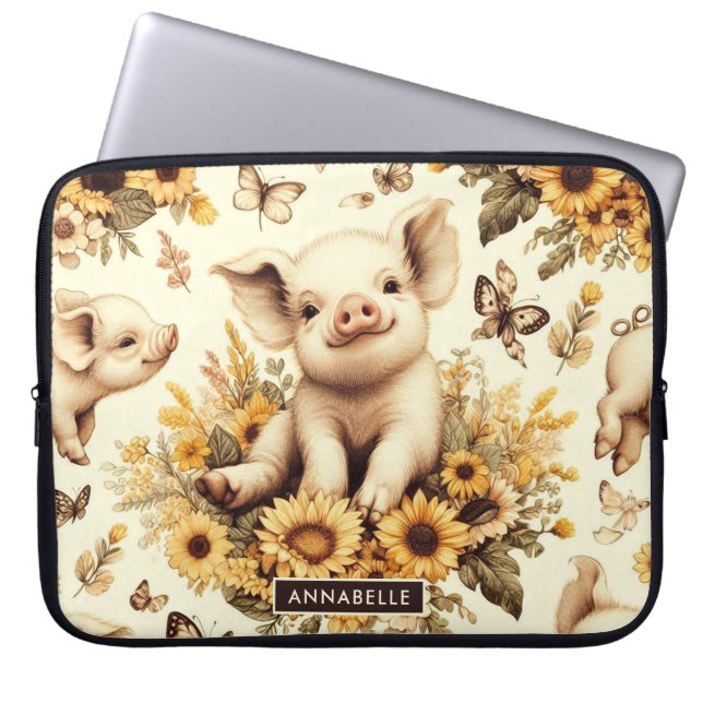 Cute Vintage Sunflower Pig Pattern Laptop Sleeve (Front)