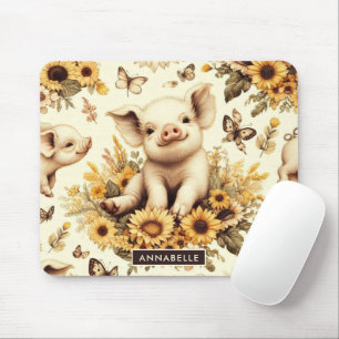 Cute Vintage Sunflower Pig Pattern Mouse Pad