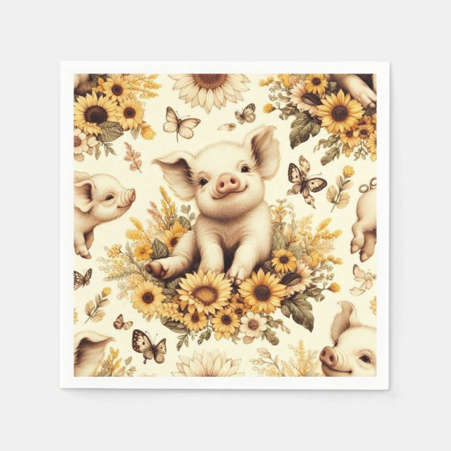 Cute Vintage Sunflower Pig Pattern Napkin (Front)