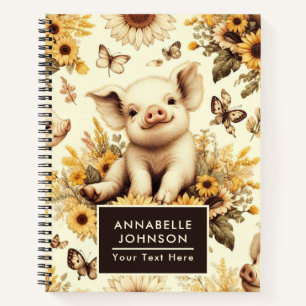 Cute Vintage Sunflower Pig Pattern Notebook
