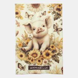 Cute Vintage Sunflower Pig Pattern Tea Towel