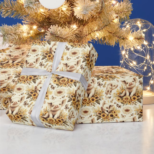 Cute Vintage Sunflower Pig Pattern Wrapping Paper (Holidays)