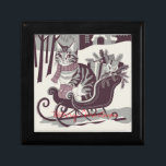 cute vintage tabby cat christmas card gift box<br><div class="desc">A snowy outdoor scene featuring a cheerful tabby cat wearing a scarf and tiny mittens,  perched by a vintage sleigh filled with presents or holly. Soft pastel colours,  with sepia undertones,  can add a cute,  nostalgic touch.</div>