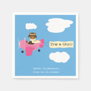 Cute Vintage Teddy Bear Pilot Girl Baby Shower Napkin