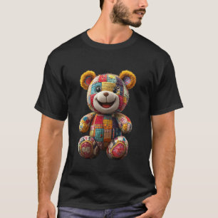 Cute Vintage Teddybear in Patch Work Splash Colour T-Shirt