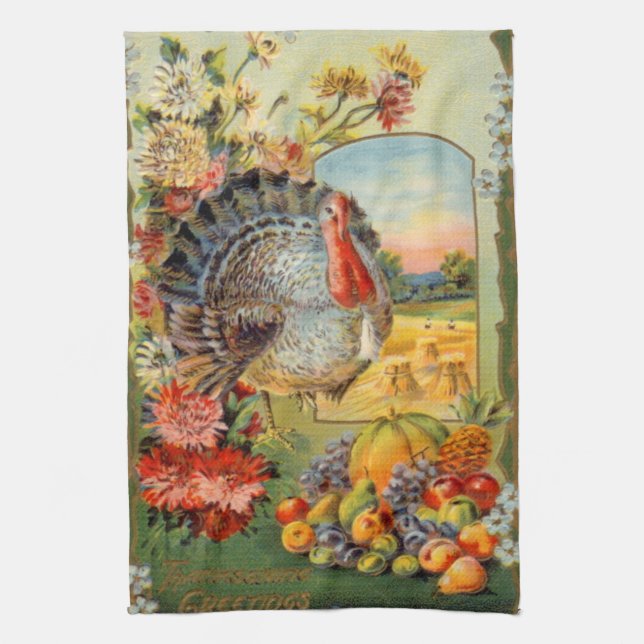 cute vintage Thanksgiving turkey  Tea Towel (Vertical)