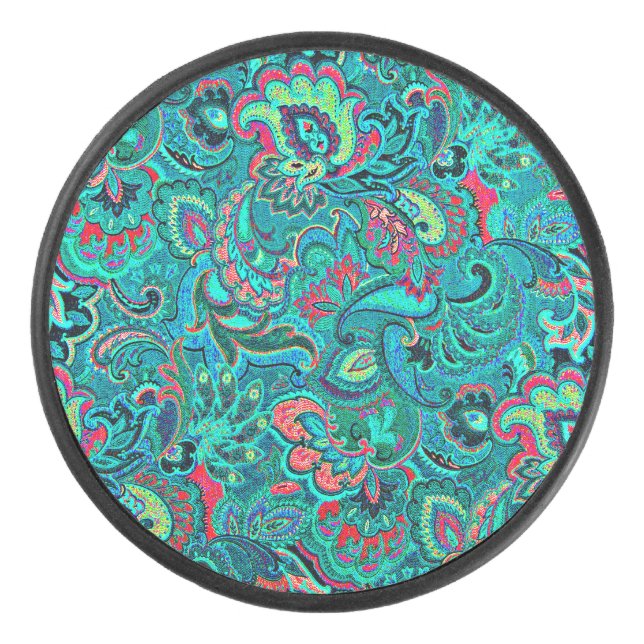 Cute vintage turquoise floral cufflinks hockey puck (Front)