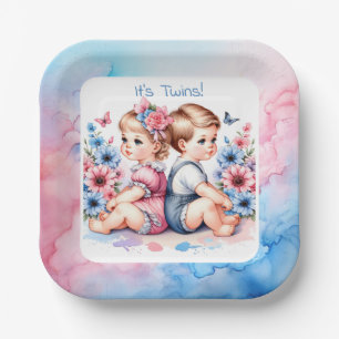 Cute Vintage Twins Boy and Girl Paper Plate