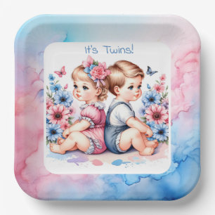 Cute Vintage Twins Boy and Girl Paper Plate