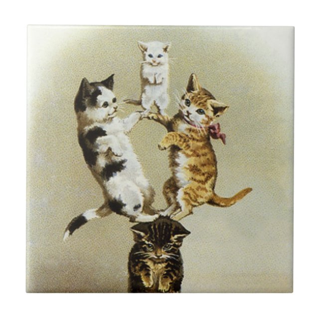 Cute Vintage Victorian Cats Kittens Playing, Humou Tile (Front)