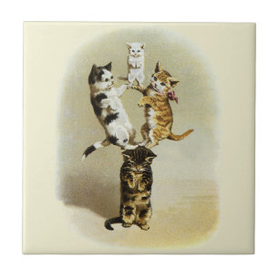 Cute Vintage Victorian Cats Kittens Playing, Humou Tile