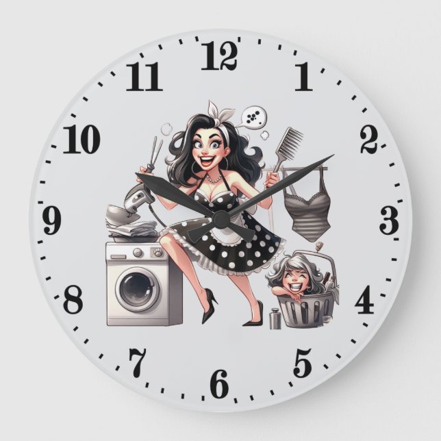 Cute vintage washing lady large clock (Front)