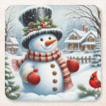 Cute, Vintage/Whimsical Christmas/winter snowman Square Paper Coaster<br><div class="desc">.</div>
