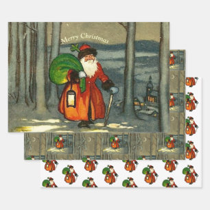 Cute Vintage Woodland Santa Gift Bag Wrapping Paper Sheet