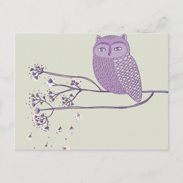 Cute violet owl on the tree branch postcard (Front)