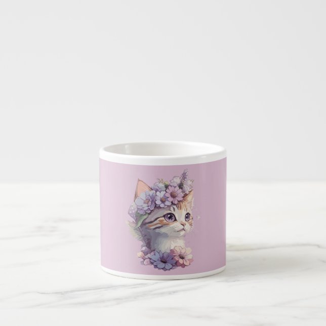 Cute Violet Watercolor Cat with Flora Espresso Cup (Front)