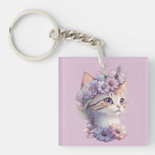 Cute Violet Watercolor Cat with Flora Key Ring