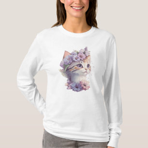 Cute Violet Watercolor Cat with Flora T-Shirt