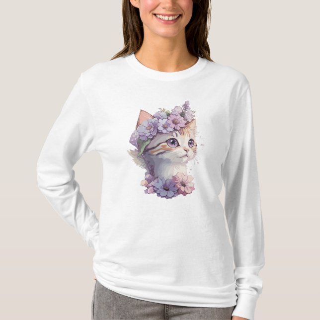 Cute Violet Watercolor Cat with Flora T-Shirt (Front)